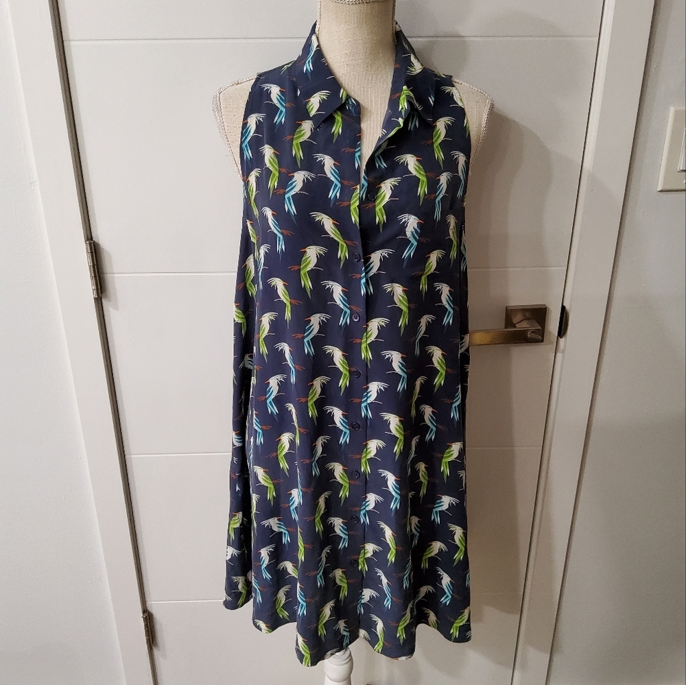 Equipment Navy Blue Parrot Print Sleeveless A-line Mini Dress Size L
